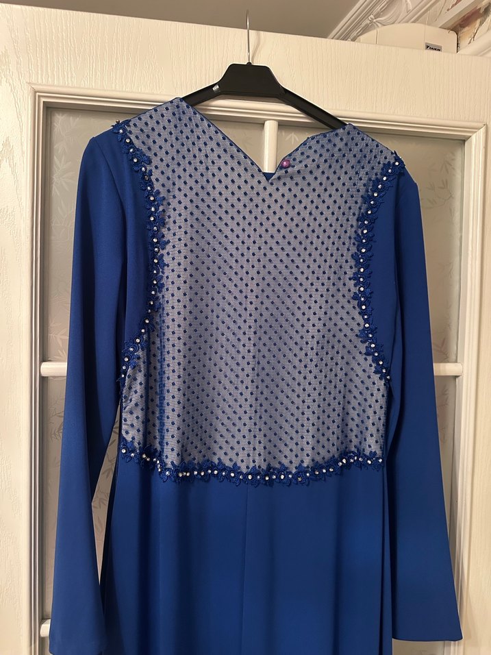 Mavi Uzun Kollu Kadın Abiye Elbise - Görsel 5