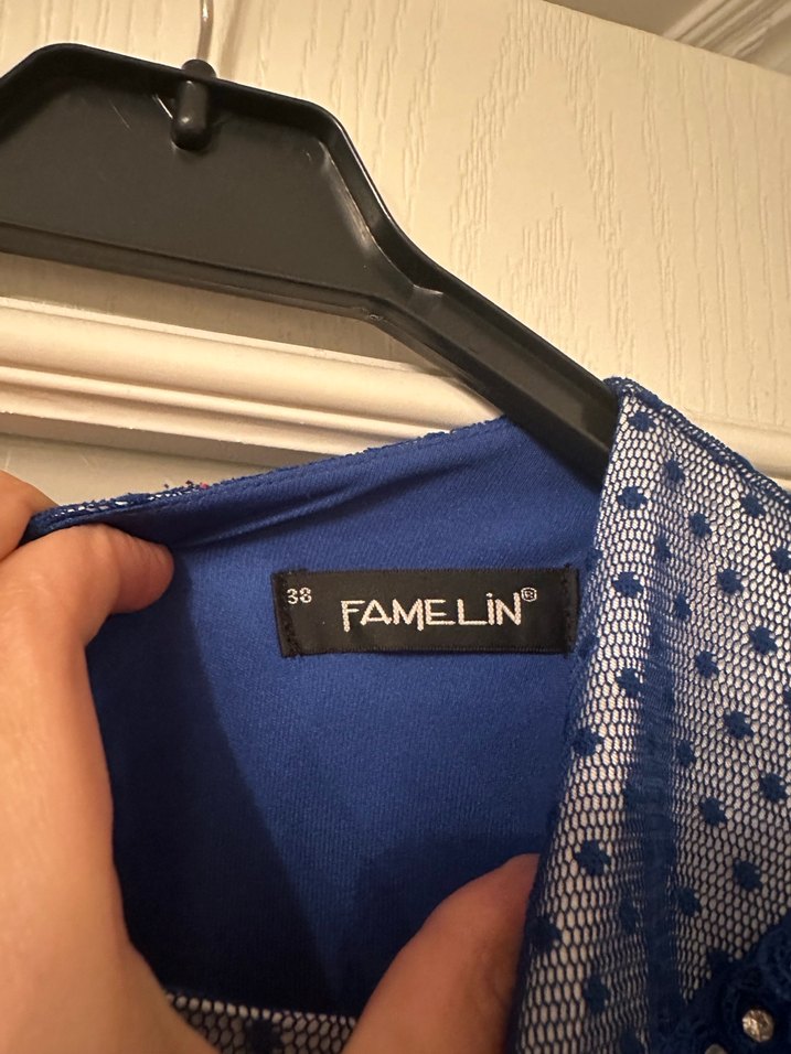 Mavi Uzun Kollu Kadın Abiye Elbise - Görsel 3