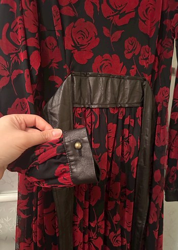 Bordo Uzun Kollu Gül Desenli Uzun Elbise - Görsel 5