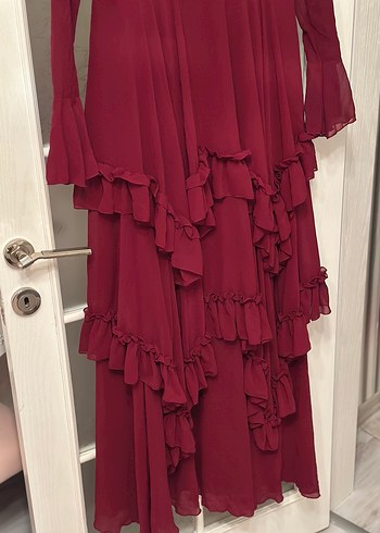 Bordo Uzun Kollu Fırfırlı Vintage Elbise - Görsel 3