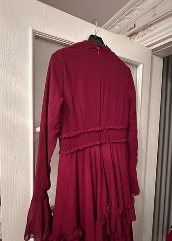 Bordo Uzun Kollu Fırfırlı Vintage Elbise - Görsel 6