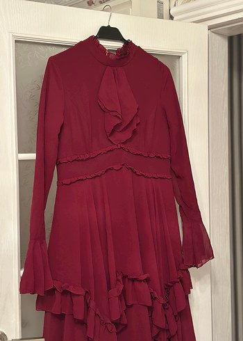 Bordo Uzun Kollu Fırfırlı Vintage Elbise - Görsel 2