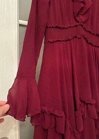 Bordo Uzun Kollu Fırfırlı Vintage Elbise - Görsel 4