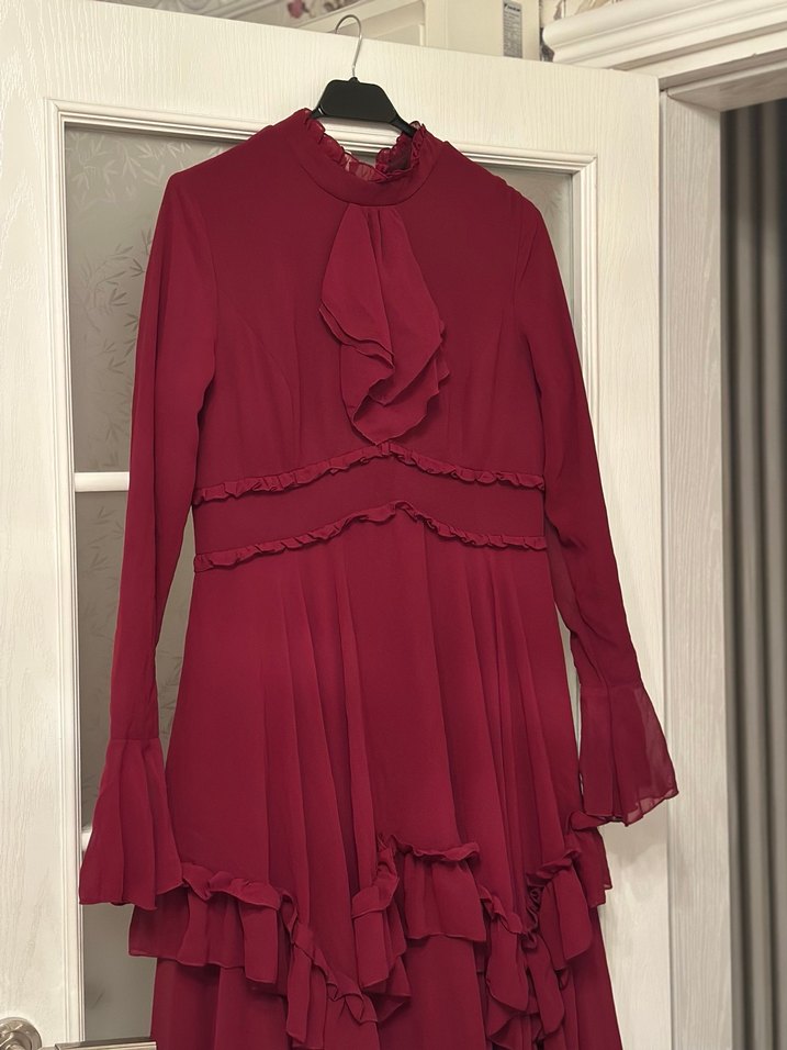 Bordo Uzun Kollu Fırfırlı Vintage Elbise - Görsel 2