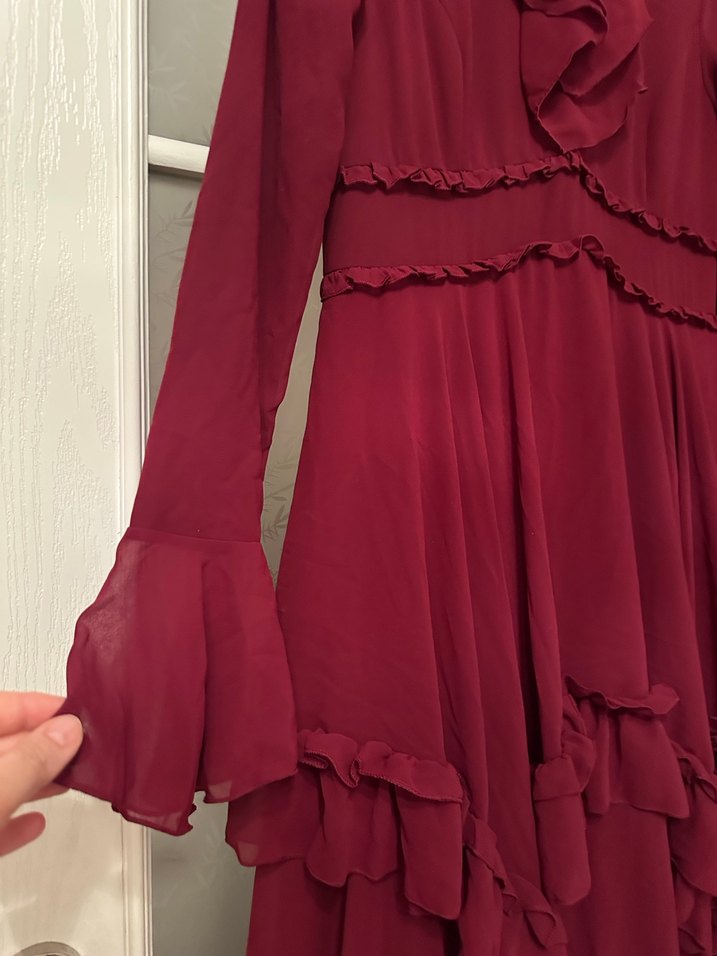 Bordo Uzun Kollu Fırfırlı Vintage Elbise - Görsel 4