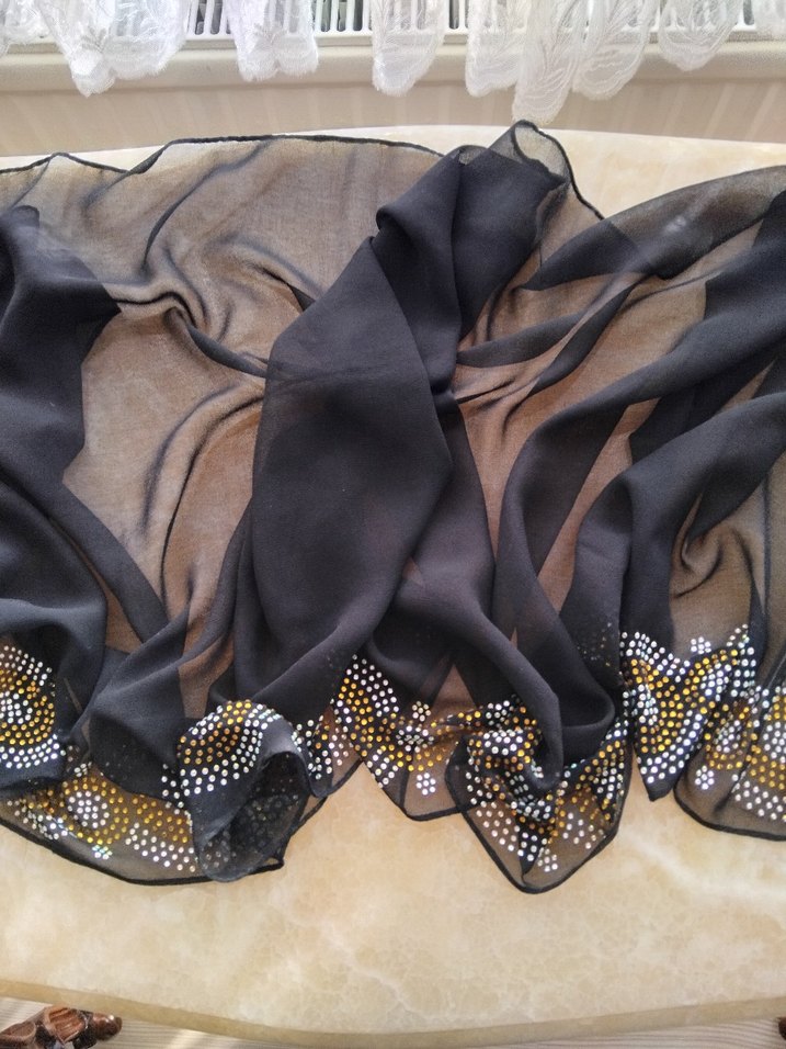 siyah önü pul detaylı şifon şal - Görsel 3