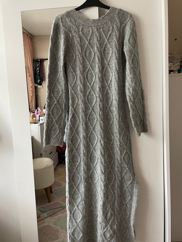 Gri Örgü Uzun Kollu Triko Elbise - Görsel 2