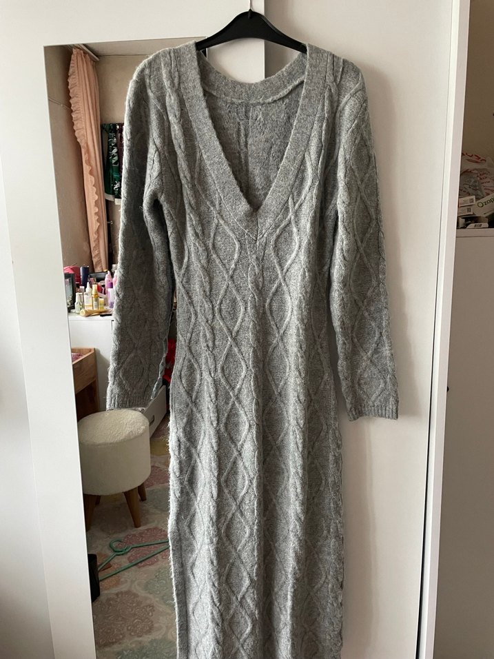 Gri Örgü Uzun Kollu Triko Elbise - Görsel 3
