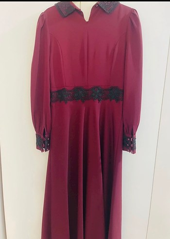 Bordo Vintage Saten Kadın Uzun Elbise - Görsel 2