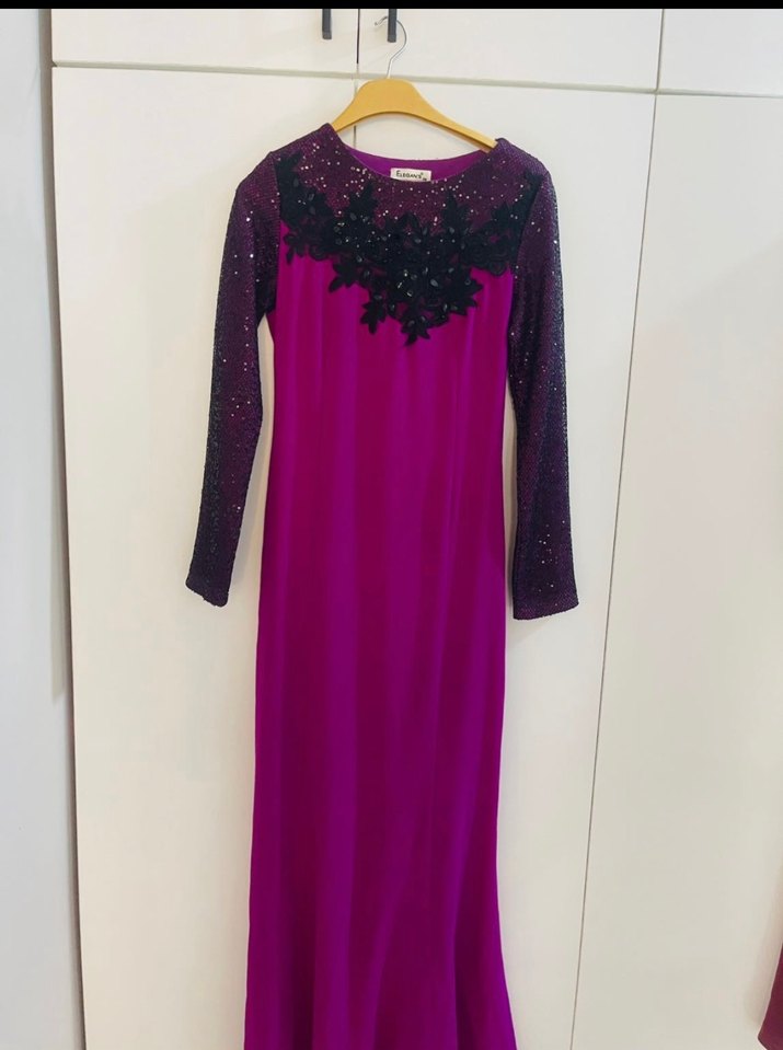 Mor Uzun Kollu Drapeli Abiye Elbise - Görsel 2