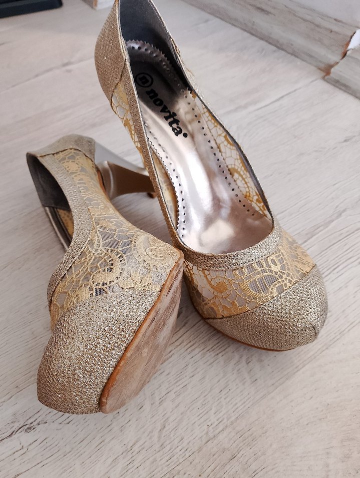 Dantel Detaylı Vintage Altın Dolgu Topuklu Kadın Ayakkabı - Görsel 5