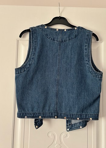 Düğmeli Mavi Denim Kolsuz Ceket - Görsel 4