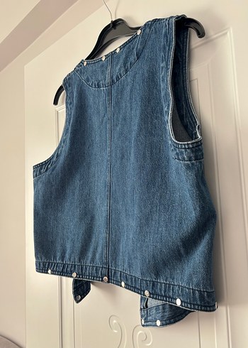 Düğmeli Mavi Denim Kolsuz Ceket - Görsel 10