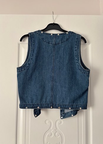 Düğmeli Mavi Denim Kolsuz Ceket - Görsel 9