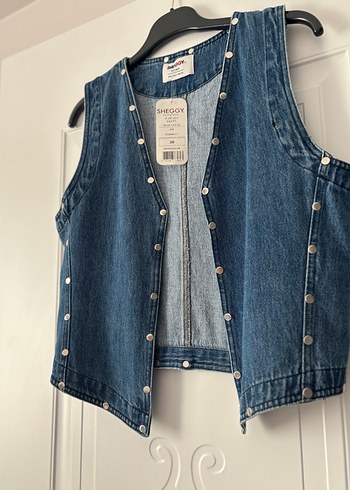 Düğmeli Mavi Denim Kolsuz Ceket - Görsel 7