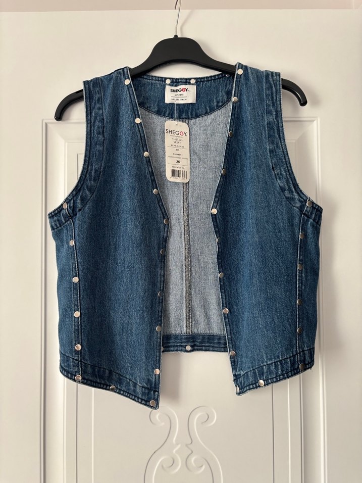 Düğmeli Mavi Denim Kolsuz Ceket - Görsel 3