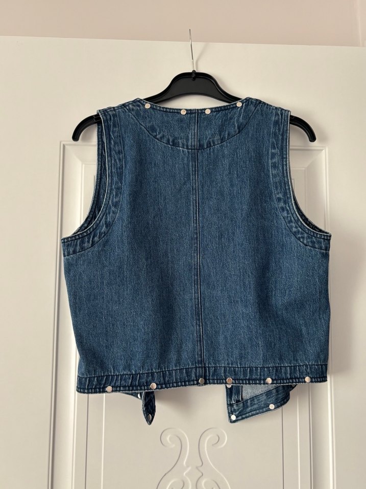 Düğmeli Mavi Denim Kolsuz Ceket - Görsel 5