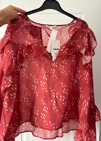 Kırmızı Fırfırlı V Yaka Uzun Kollu Bluz - Görsel 10