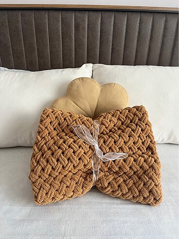 Puffy örgü battaniye hardal taba - Görsel 2