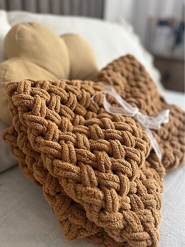 Puffy örgü battaniye hardal taba - Görsel 4