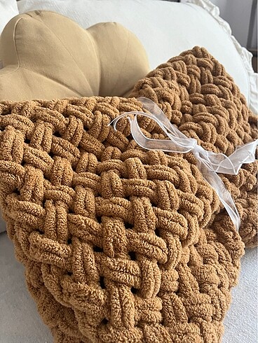 Puffy örgü battaniye hardal taba - Görsel 5