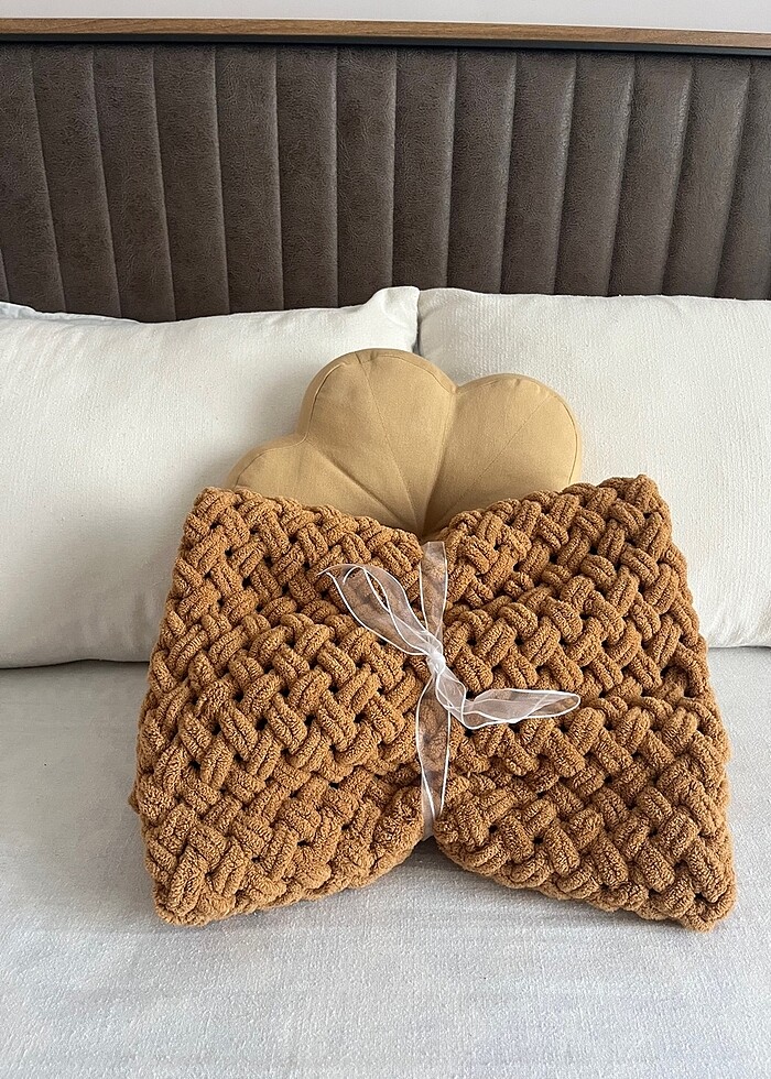 Puffy örgü battaniye hardal taba - Görsel 2
