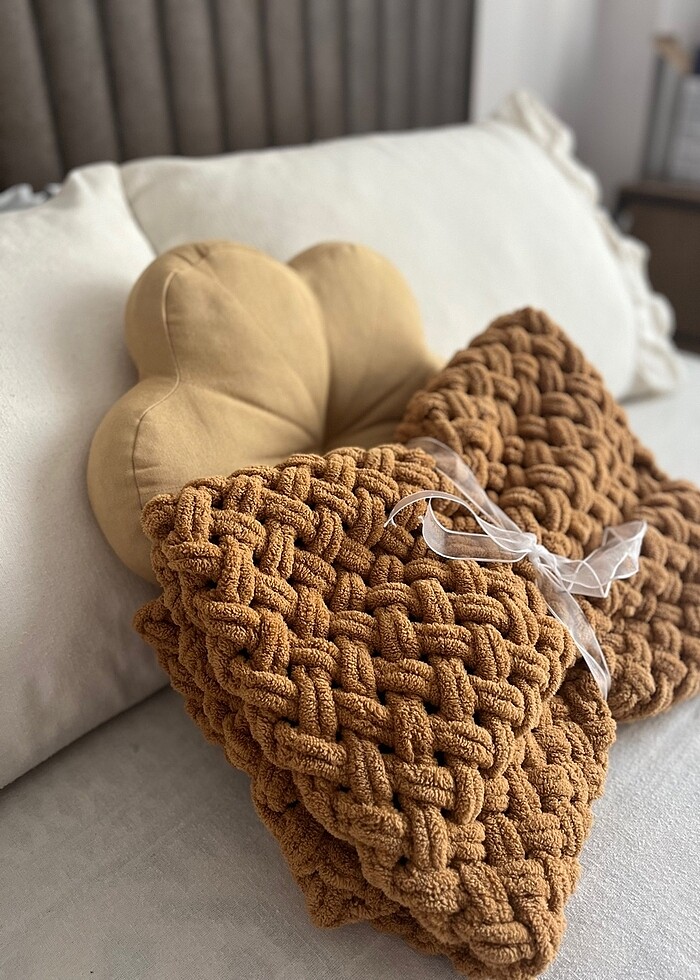 Puffy örgü battaniye hardal taba - Görsel 3