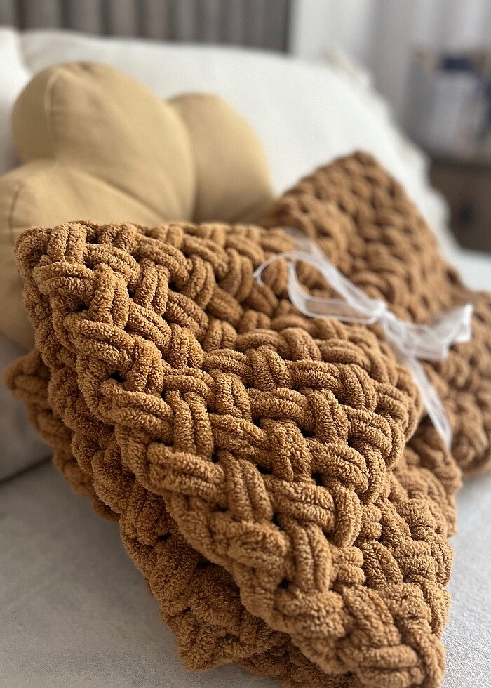 Puffy örgü battaniye hardal taba - Görsel 4