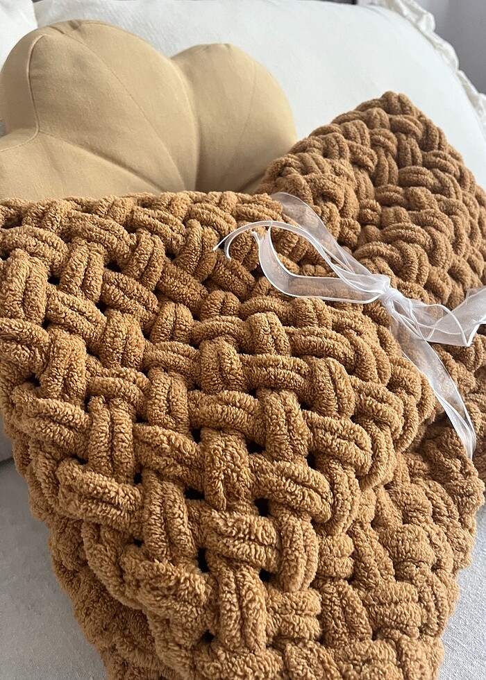 Puffy örgü battaniye hardal taba - Görsel 5