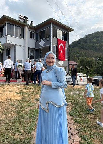 Mavi Uzun Kollu Drapeli Tesettür Abiye - Görsel 5