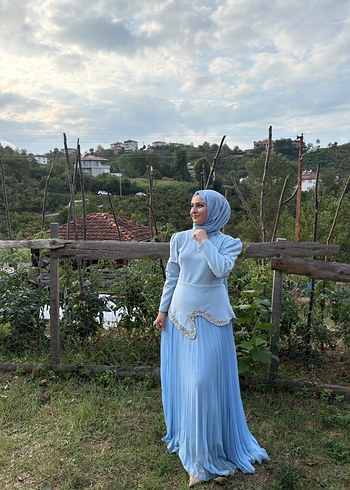 Mavi Uzun Kollu Drapeli Tesettür Abiye - Görsel 7