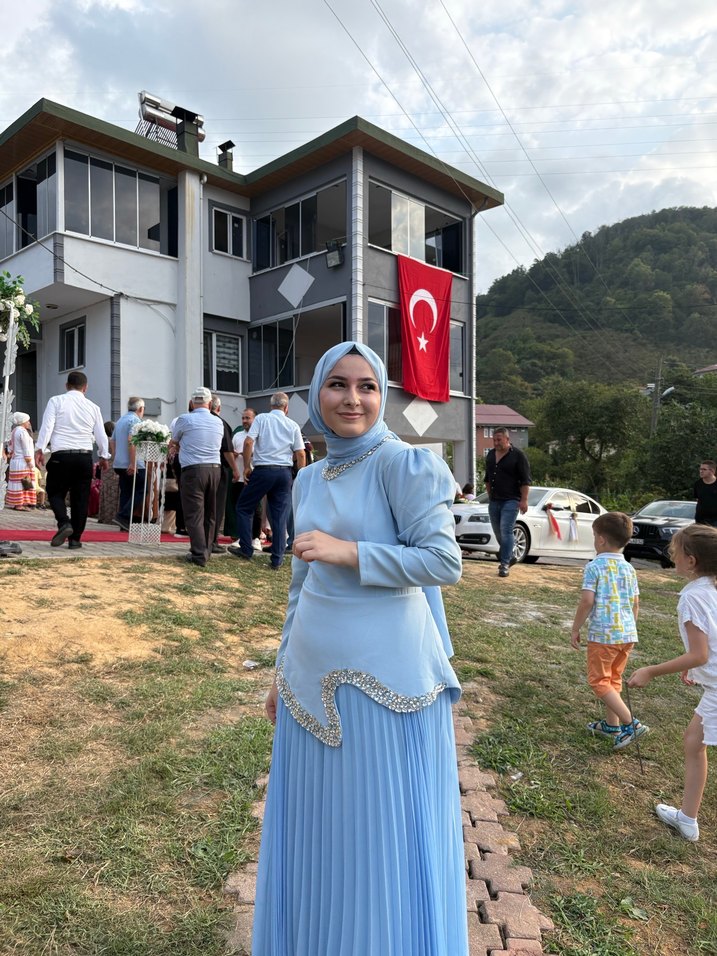 Mavi Uzun Kollu Drapeli Tesettür Abiye - Görsel 5