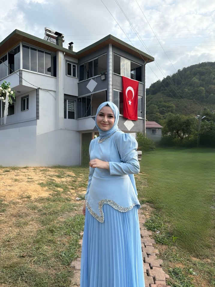 Mavi Uzun Kollu Drapeli Tesettür Abiye - Görsel 2