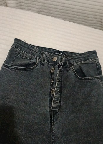 Gri Düğmeli Kadın Denim Pantolon