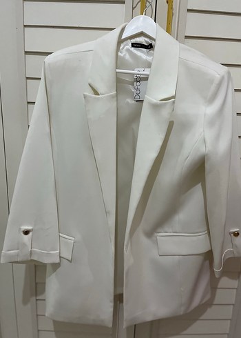 Beyaz Düğmeli Kadın Blazer Ceket - Görsel 2