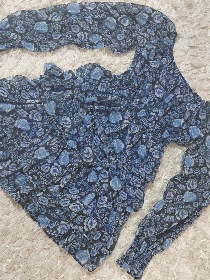 Mavi siyah Fırfırlı Bohem Kadın elbise - Görsel 2