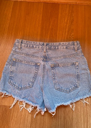 34 Beden Bantlı Bağcık Desenli Mavi Mini Denim Şort