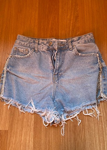 Bantlı Bağcık Desenli Mavi Mini Denim Şort