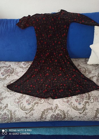 Uzun Kollu Siyah Desenli Uzun Elbise kadife - Görsel 3