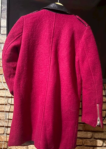 Pembe Fermuarlı Kadın kaban deri yaka detay - Görsel 4