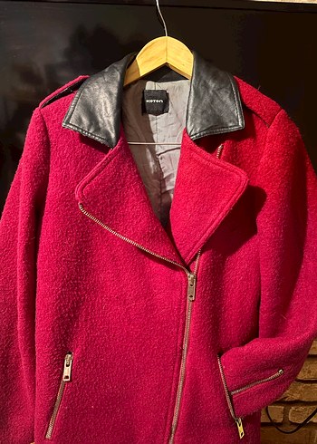 Pembe Fermuarlı Kadın kaban deri yaka detay - Görsel 3