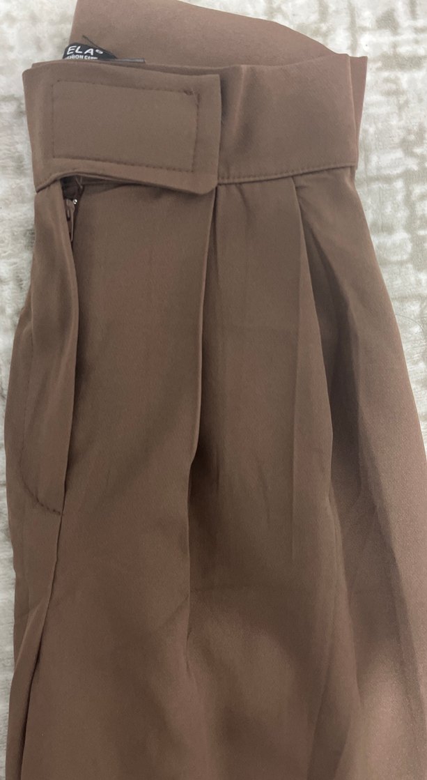 Kadın Kahverengi Pilili Midi Kumaş Pantolon pallazo - Görsel 3