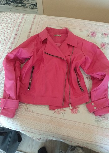 Pembe Kadın Deri Biker Ceket