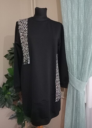 Diğer Siyah, leopar detaylı,38 beden tunik