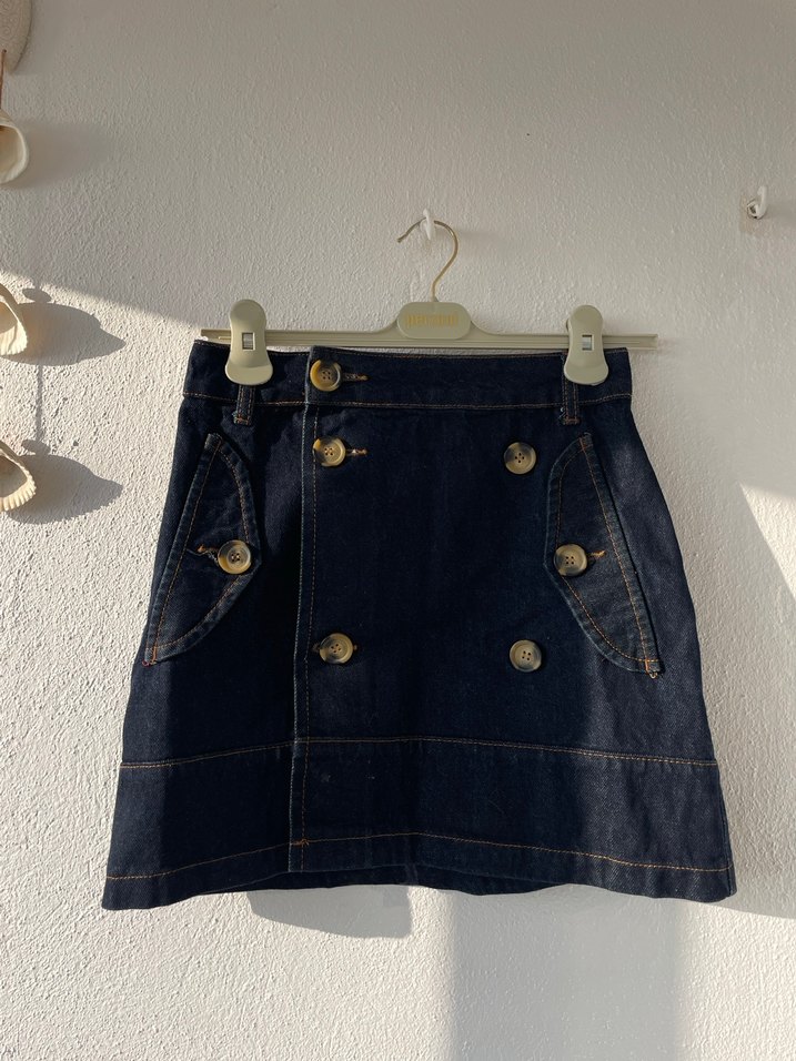 Düğmeli Lacivert Midi Denim Kadın Etek - Görsel 2