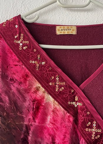 Bordo Bohem V Yaka Bağlamalı Triko Kazak - Görsel 3