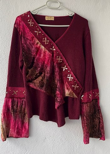 Bordo Bohem V Yaka Bağlamalı Triko Kazak - Görsel 2