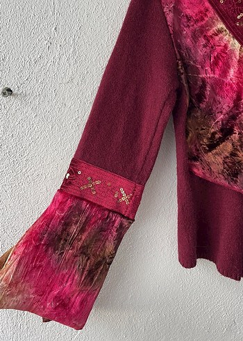 Bordo Bohem V Yaka Bağlamalı Triko Kazak - Görsel 4