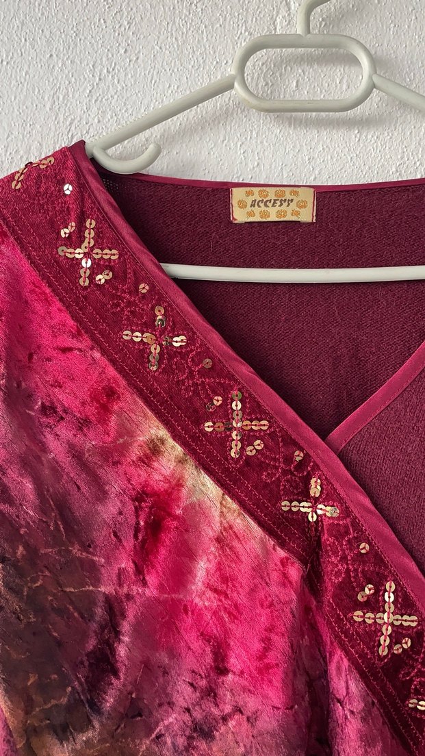 Bordo Bohem V Yaka Bağlamalı Triko Kazak - Görsel 3