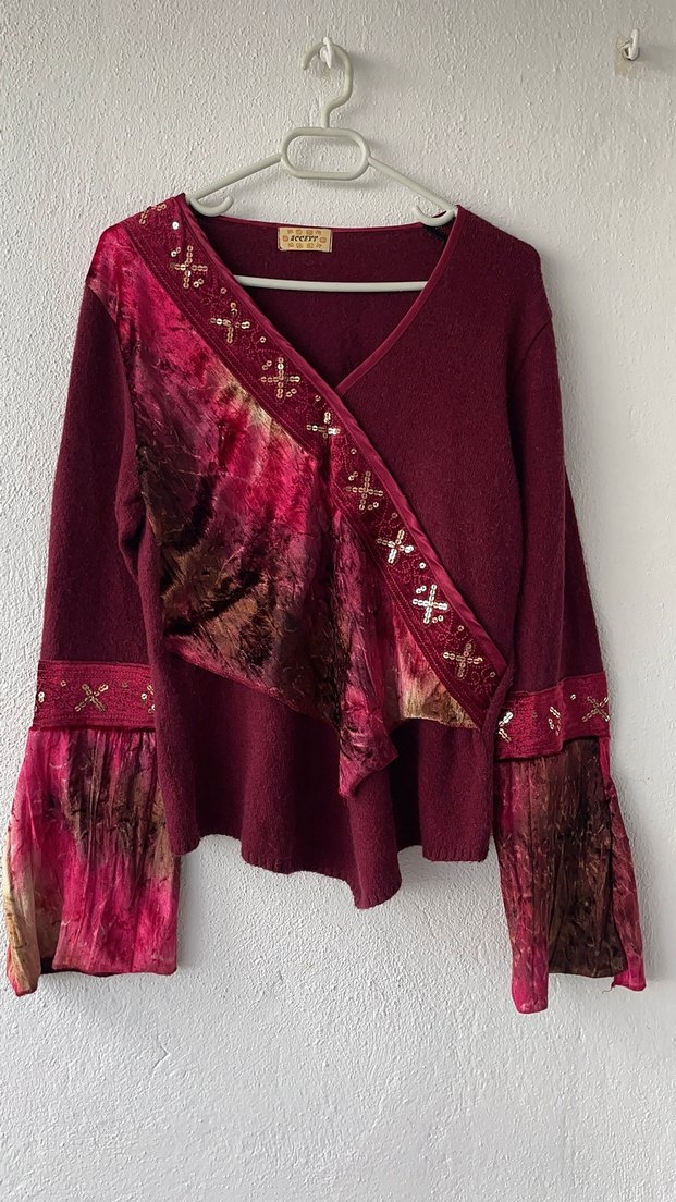 Bordo Bohem V Yaka Bağlamalı Triko Kazak - Görsel 2